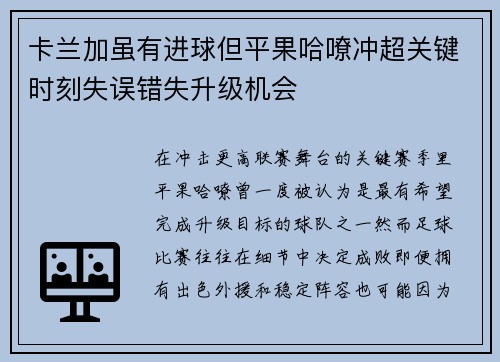卡兰加虽有进球但平果哈嘹冲超关键时刻失误错失升级机会 卡兰加虽有进球但平果哈嘹冲超关键时刻失误错失升级机会