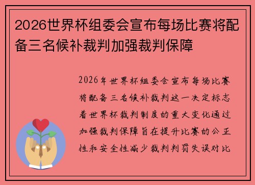 2026世界杯组委会宣布每场比赛将配备三名候补裁判加强裁判保障