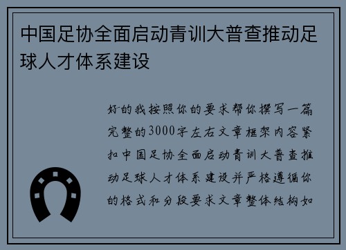 中国足协全面启动青训大普查推动足球人才体系建设