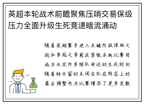 英超本轮战术前瞻聚焦压哨交易保级压力全面升级生死竞速暗流涌动